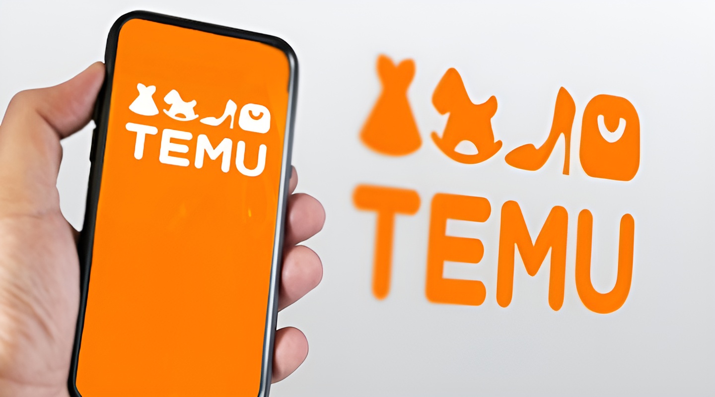 The Temu app on a phone beside Temu branding.